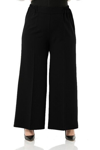 Aşkı Endam Large Size Mayra Side Pocket Dumbbell Crepe Wide Leg Trousers - Black