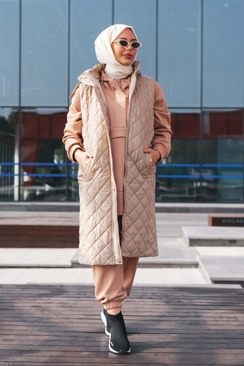 Minel Women's Beige Hooded Quilted Vest with Snap Fasteners MNL-020Y