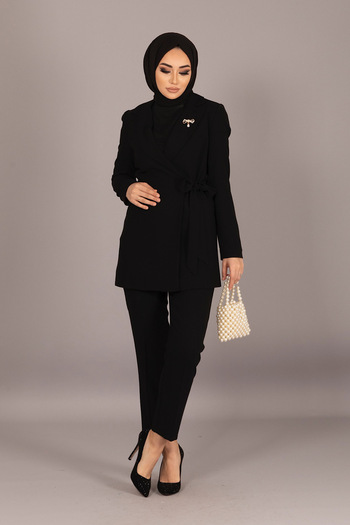 Stilife Jacket Side Tie Trousers Set Black
