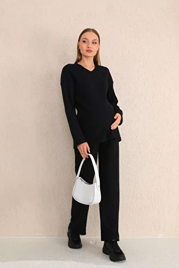 Miss Dünya Lissa Pregnant Tracksuit Set - Black V-Neck, Soft Fabric