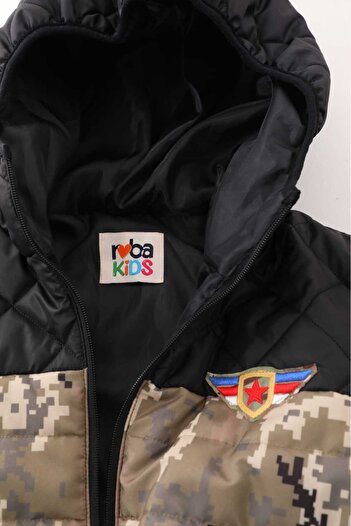 ROBA KIDS Erkek Çocuk İç Astarlı Kapüşonlu Kamuflaj Desenli Kışlık Kapitone Mont & Kaban RB-202