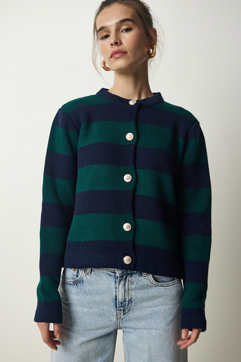 Happiness İstanbul Damen-Strickjacke mit Knöpfen und Streifen in Marineblau und Grün, stilvoll, NF00078