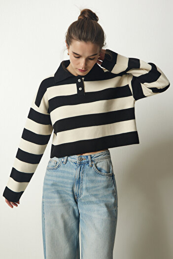 Happiness İstanbul Women's Black Cream Stylish Buttoned Collar Striped Crop Knitwear Sweater BV00115