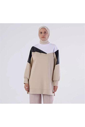 SYG Scuba Sweat Tunic με Δερμάτινο Γαρνιρισμένο Μεταλλικό Δαχτυλίδι 50198Ecru