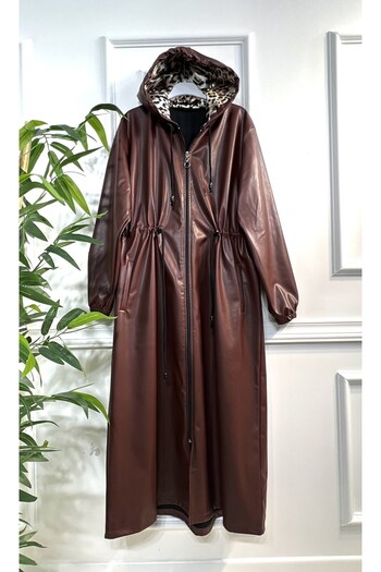 Aşkı Endam Large Size Lema Waist Gathered Hooded Full Length Leather Trench - Claret Red