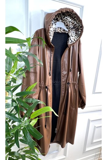Aşkı Endam Plus Size Benna Gathered Waist Hooded Medium Length Leather Trench - Tan