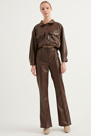 MEECY Women's Brown Flared Flare Leg Leather Trousers