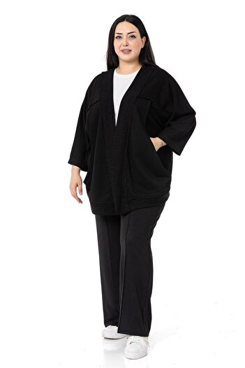 DISENTIS MODEST Large Size Three-Quarter Sleeve Oversize Pocket Three-Thread Black Cardigan