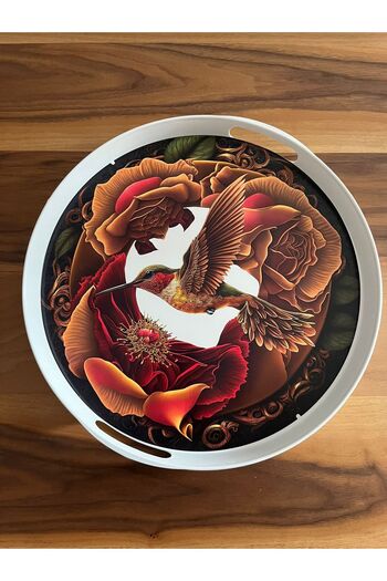 Panoramas Home Round White Custom Print Bird Pattern Large Size Serving Tea Coffee Presentation Tray