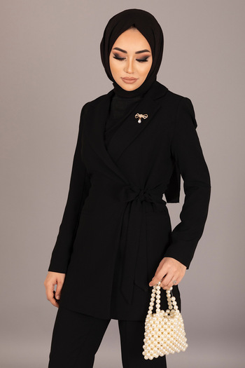 Stilife Jacket Side Tie Trousers Set Black
