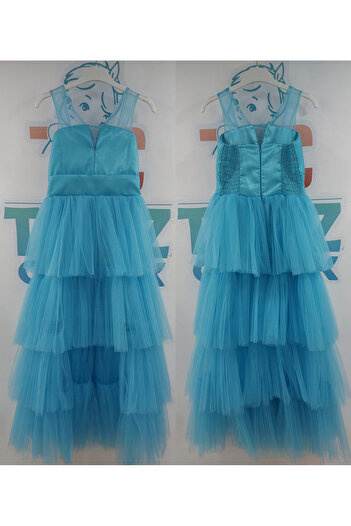 Tarz Çocuk Short Front Long Back Girl's Evening Dress with Layered Tulle Skirt