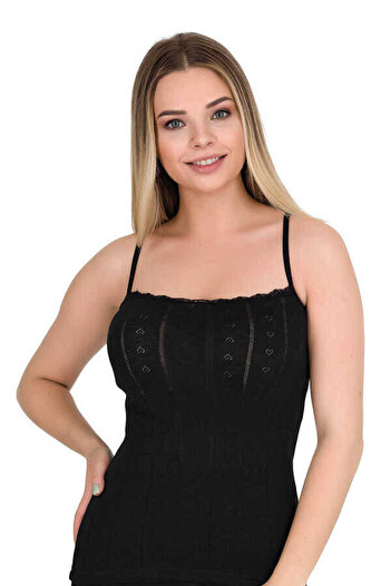 Berrak Heart Patterned Collar Lace Thin Straps Black Undershirt