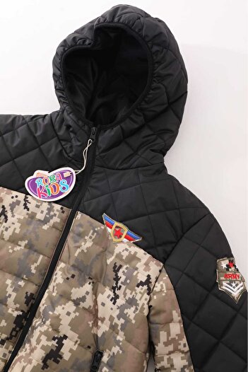 ROBA KIDS Erkek Çocuk İç Astarlı Kapüşonlu Kamuflaj Desenli Kışlık Kapitone Mont & Kaban RB-202