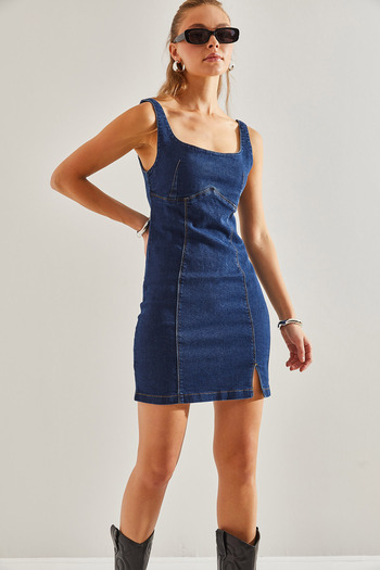 Bianco Lucci Women's Strappy Slit Denim Dress