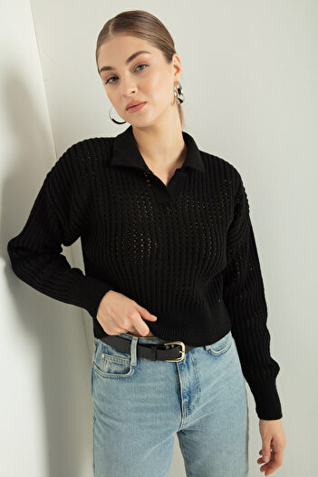 Lafaba Women's Black Polo Neck Openwork/Hole Knitwear Sweater