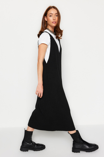 Trendyol Collection Černé Maxi Výstřih do V Gilet Pletené šaty TWOAW24EL00011