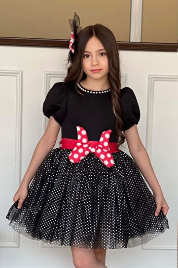Riccotarz Girl's Black Dress with Pearl Collar and Glitter Polka Dot Detail on the Skirt
