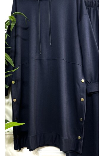 Aşkı Endam Plus Size Story Hooded Two Thread Combed Cotton Set with Button Detail - Navy Blue