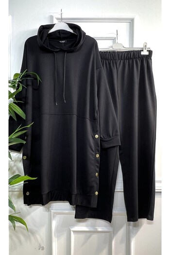 Aşkı Endam Plus Size Story Hooded Two Thread Combed Cotton Set with Button Detail - Black
