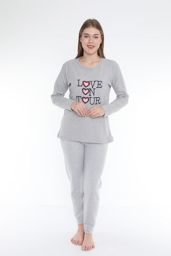 FAMES PİJAMA Love On Your Gray Interlock Fabric Long Sleeve Women's Pajama Set
