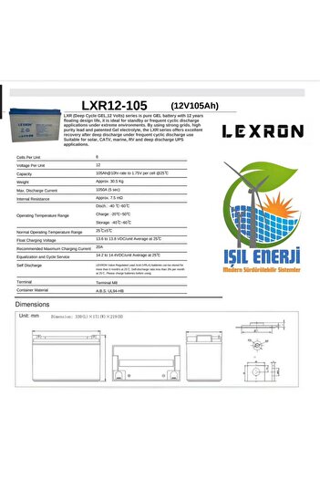 Lexron 12v 105 Ah Solar Jel Akü - 12 Volt 105 Amper Solar Jel Akü