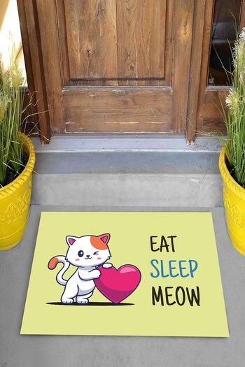 Pelangi Digital Printed Eat Sleep Meow Written Cat Pattern Decorative Door Mat