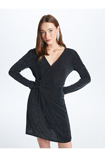 LC Waikiki Double Breasted Collar Shiny Look Long Sleeve Women's Dress