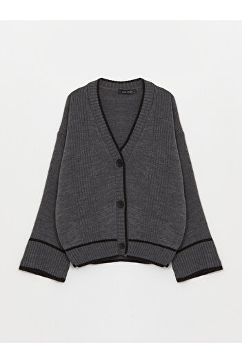 LC Waikiki Damen-Strickjacke mit langen Ärmeln und V-Ausschnitt in Übergröße