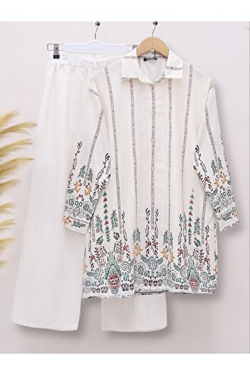 Modamorfo Linen Suit with Patterned Skirt and Trousers