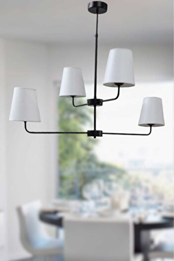 BSA LIGHTING KUMRU 4'LÜ ABAJURLU SİYAH MODERN AVİZE (KONİK KREM ABAJURLU)
