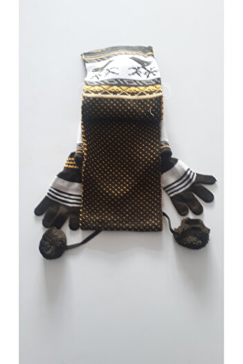 Demas Triko Demas Boy's Brown Yellow 3-Piece Deer Patterned Beanie Scarf Gloves Set