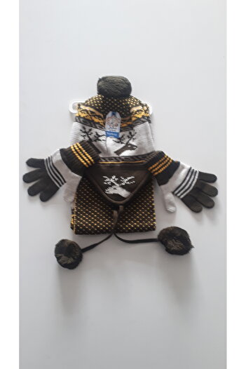 Demas Triko Demas Boy's Brown Yellow 3-Piece Deer Patterned Beanie Scarf Gloves Set