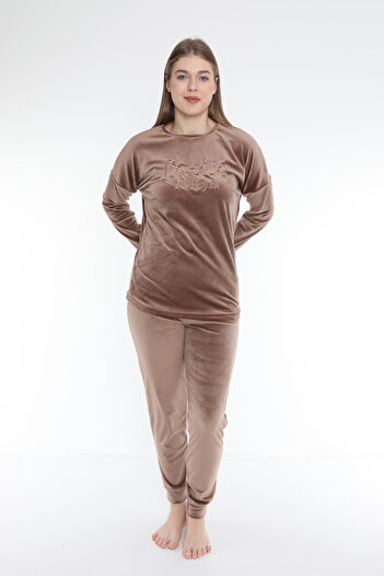 FAMES PİJAMA Brown Free Time French Velvet Long Sleeve Winter Women's Pajama Set