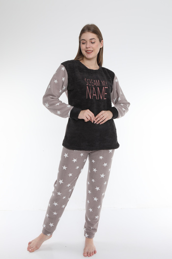 FAMES PİJAMA Scream Patterned Polar Welsoft Fabric Long Sleeve Winter Women's Pajama Set.