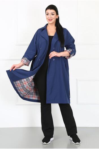 By Alba Collection Kadın İndigo Su İtici Bondit Kumaş Büyük Beden Trençkot