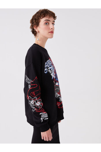 LC Waikiki Μακρυμάνικο Oversize Γυναικείο Φούτερ Crew Neck - Τυπωμένο