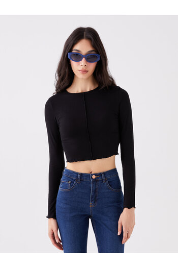LC Waikiki Dámské triko Crew Neck Plain s dlouhým rukávem Crop