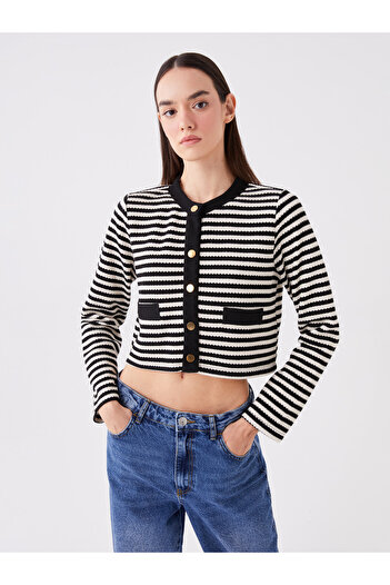 LC Waikiki Crew Neck Striped Long Sleeve Crop Women's Knitwear Cardigan