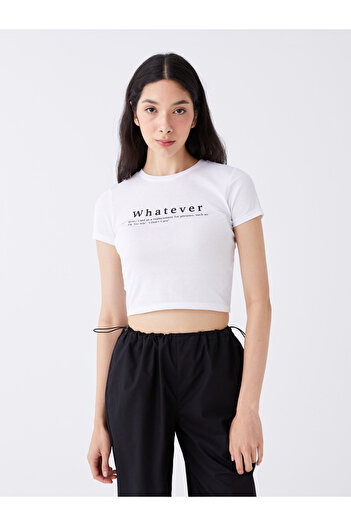 LC Waikiki Women's Crop - Crew Neck, Printed, Short Sleeve