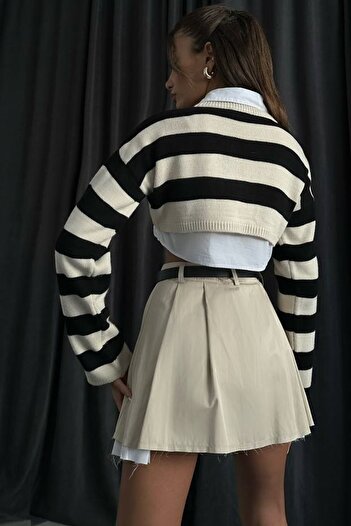 vuvutasarım Black Striped Crop Sweater - Stone 23W16017