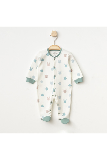 Aziz Bebe Boss Bear Patterned Jumpsuit with Snap Feet (With Booties) Size 0-3-6 Months