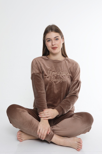 FAMES PİJAMA Brown Free Time French Velvet Long Sleeve Winter Women's Pajama Set
