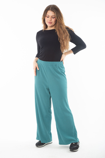 Şans Women's Large Size Green Elastic Waist Wide Leg Wrap Pants 65N37315