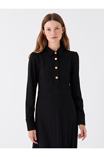 LC Waikiki Women's Dress - Shirt Collar, Solid, Long Sleeve