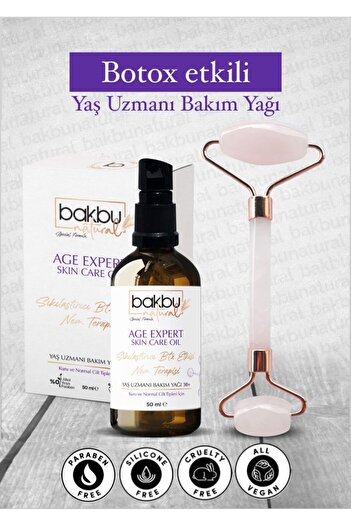 bakbunatural Age Expert with Anti-Aging Effect - Firming Skin Care Oil and Pink Quartz Face Roller Massage Stone