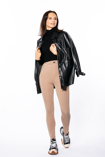 Grenj Fashion Bej Yüksek Bel Düğme Ve Cep Detaylı Toparlayıcı Pantolon Tayt
