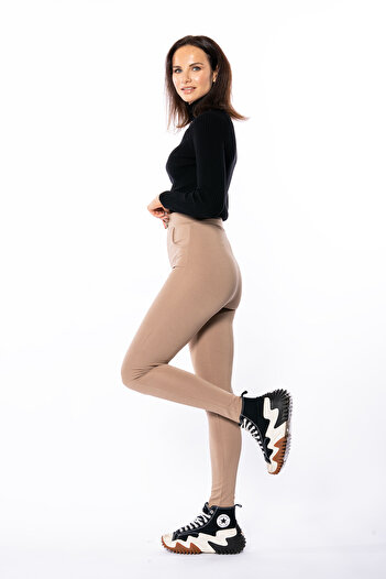 Grenj Fashion Bej Yüksek Bel Düğme Ve Cep Detaylı Toparlayıcı Pantolon Tayt