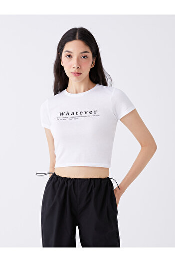 LC Waikiki Women's Crop - Crew Neck, Printed, Short Sleeve