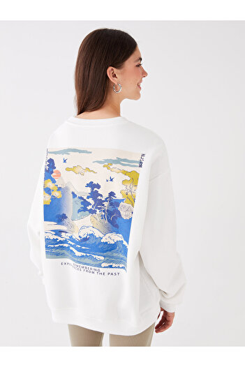 LC Waikiki Langärmliges, übergroßes Damen-Sweatshirt mit Rundhalsausschnitt – bedruckt