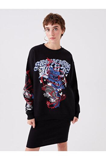 LC Waikiki Μακρυμάνικο Oversize Γυναικείο Φούτερ Crew Neck - Τυπωμένο